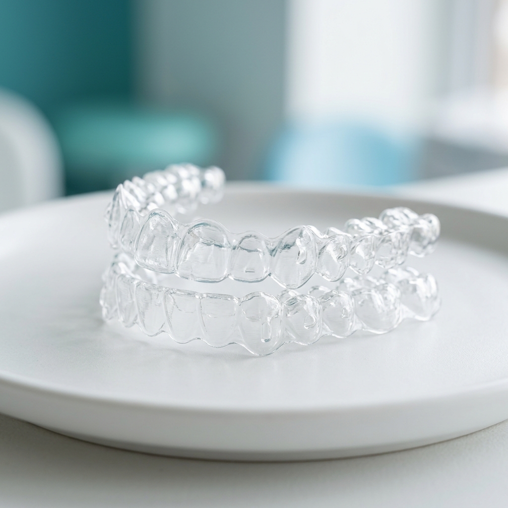 Close-up of modern clear dental aligners