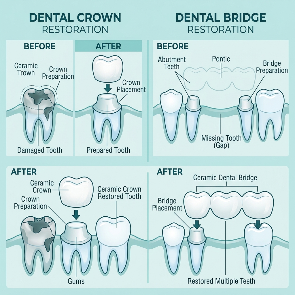 Diagram showing dental crown and bridge restorations