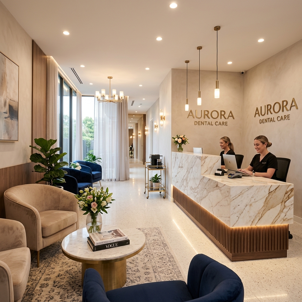 Luxury dental clinic reception at Aurora Dental