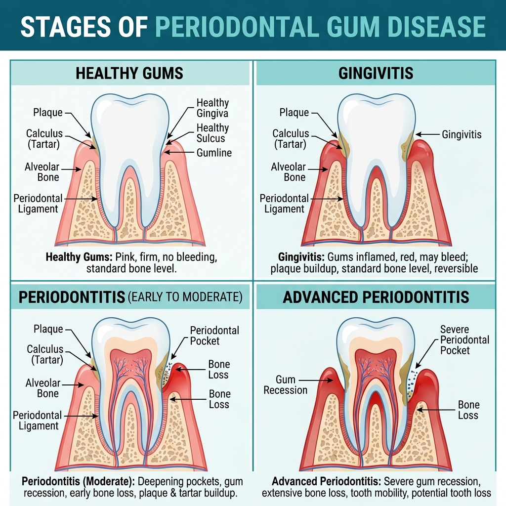 Medical diagram showing the stages of periodontal gum disease